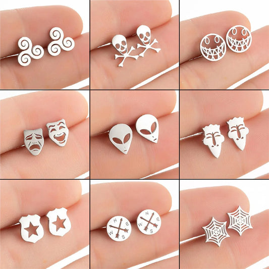 Fashion Star Smile Face Skull Stainless Steel Plating Hollow Out Ear Studs 1 Pair