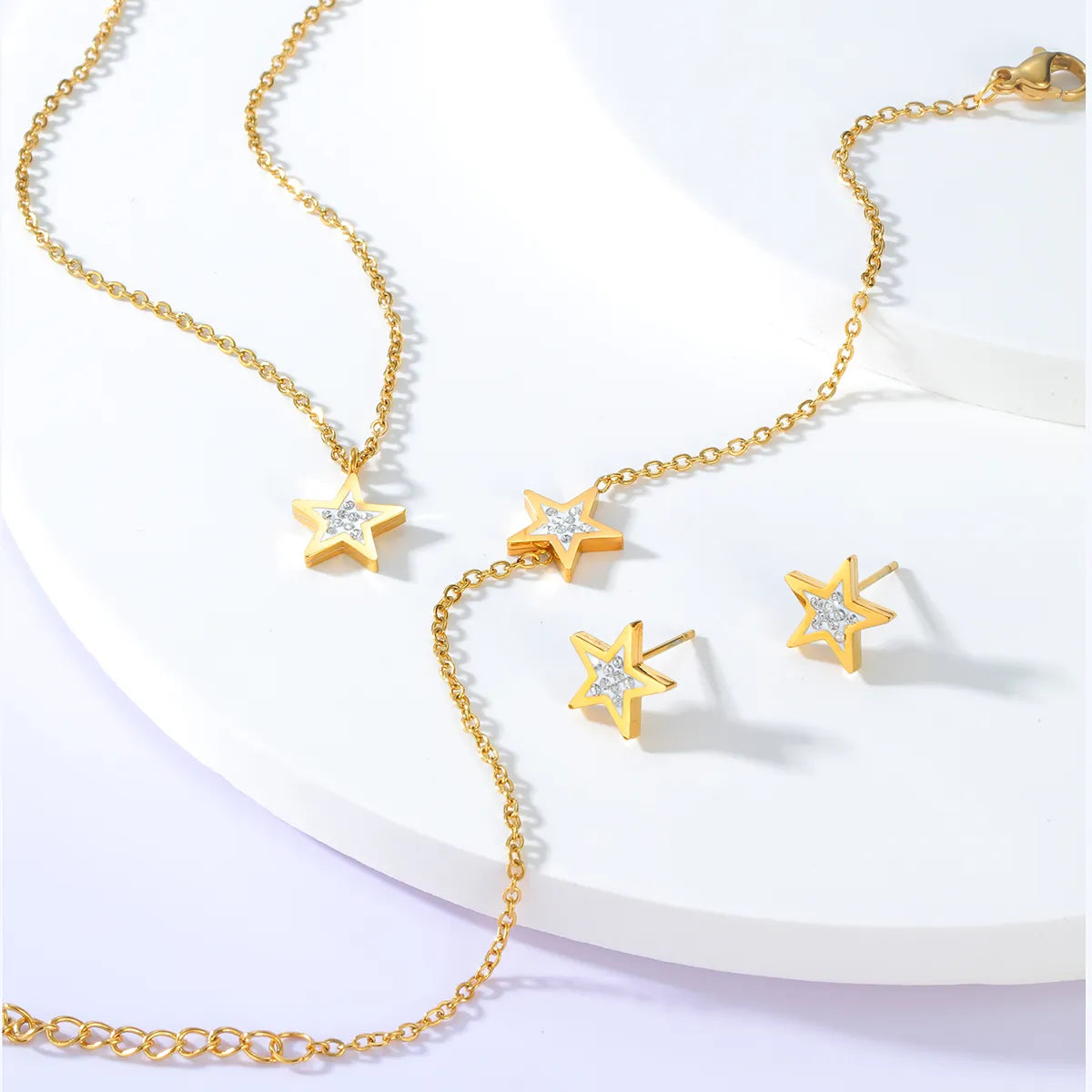 Fashion Star Stainless Steel Electroplated 18k Gold Zircon Ear Studs Bracelet Necklace Set