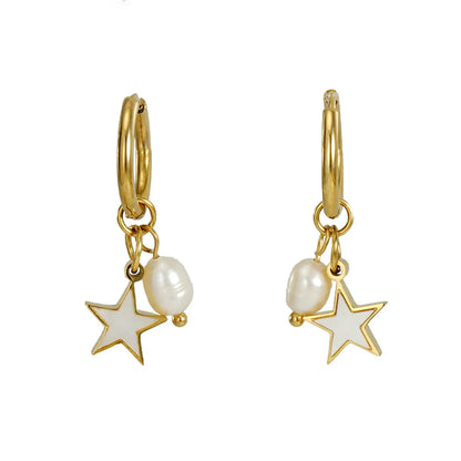 Fashion Star Stainless Steel Inlay Pearl Shell Drop Earrings 1 Pair