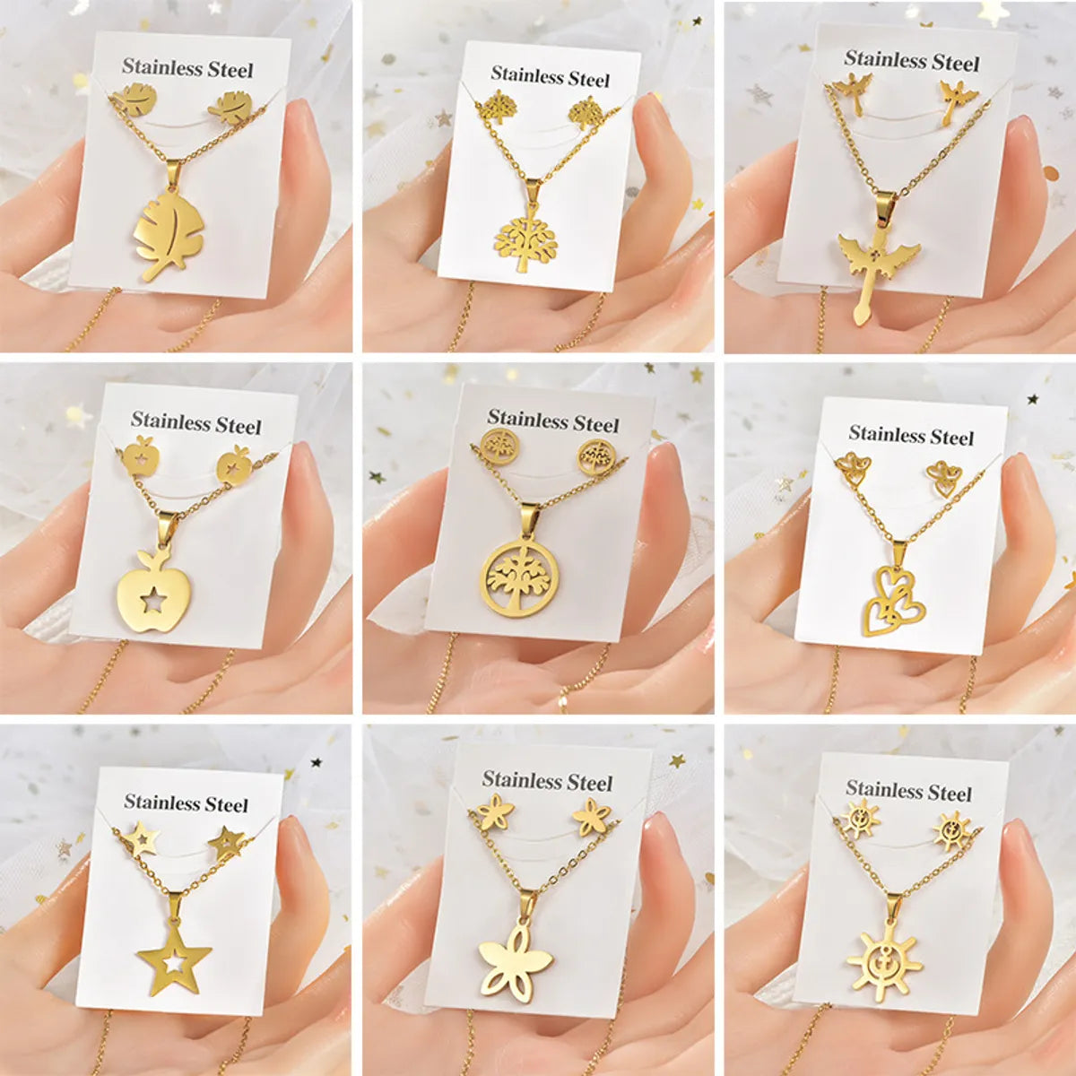 Fashion Star Tree Heart Shape Titanium Steel Hollow Out Women'S Earrings Necklace 1 Set