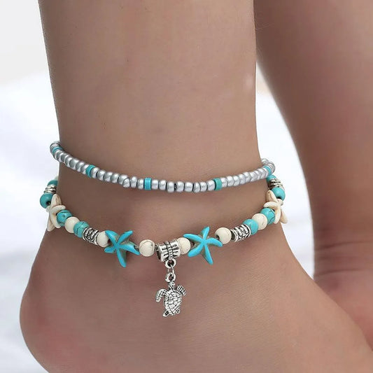 Fashion Starfish Pearl Conch Anklet Mizhu Yoga Turtle Pendant Anklet Retro Wave Foot Ornament