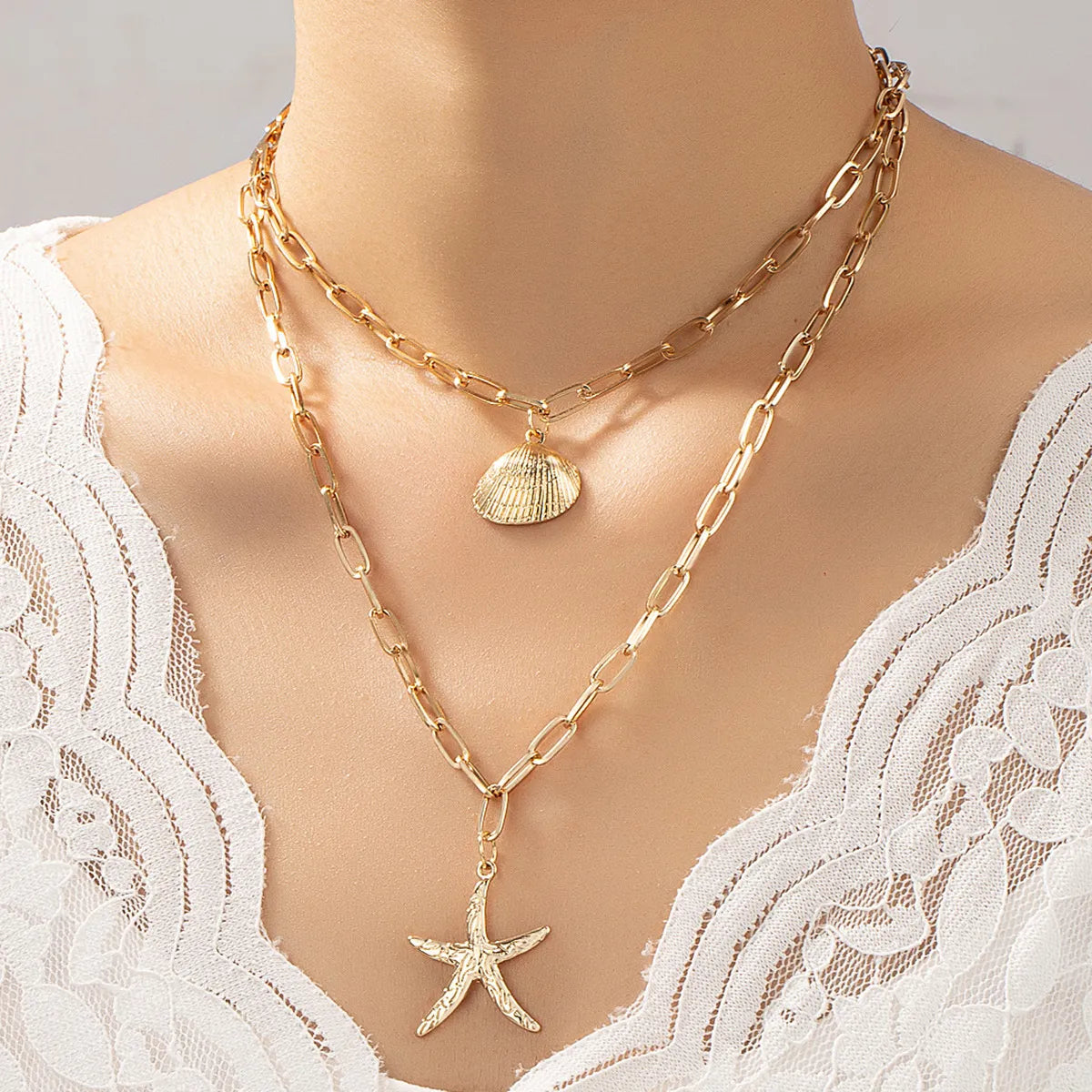 Fashion Starfish Shell Alloy Plating Necklace