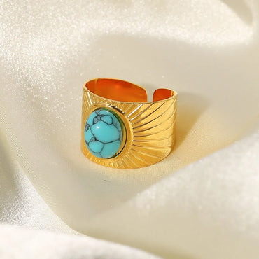 Fashion Stripe Stainless Steel Plating Turquoise Gold Plated Open Ring