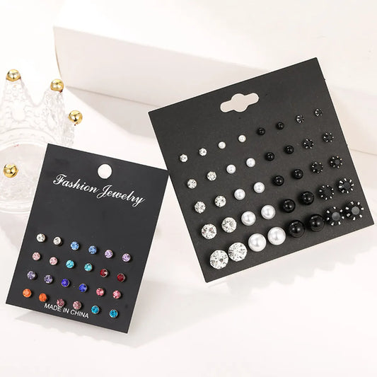 Fashion Stud Earrings Fashion Size Pearl Inlay 12 Pairs Color Diamond Set Earrings Popular Wholesale Gooddiy