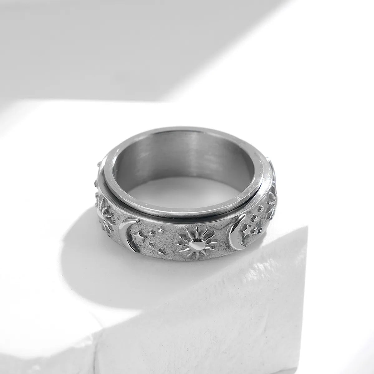 Fashion Sun Moon And Star Titanium Steel Rotatable Bohemian Ring