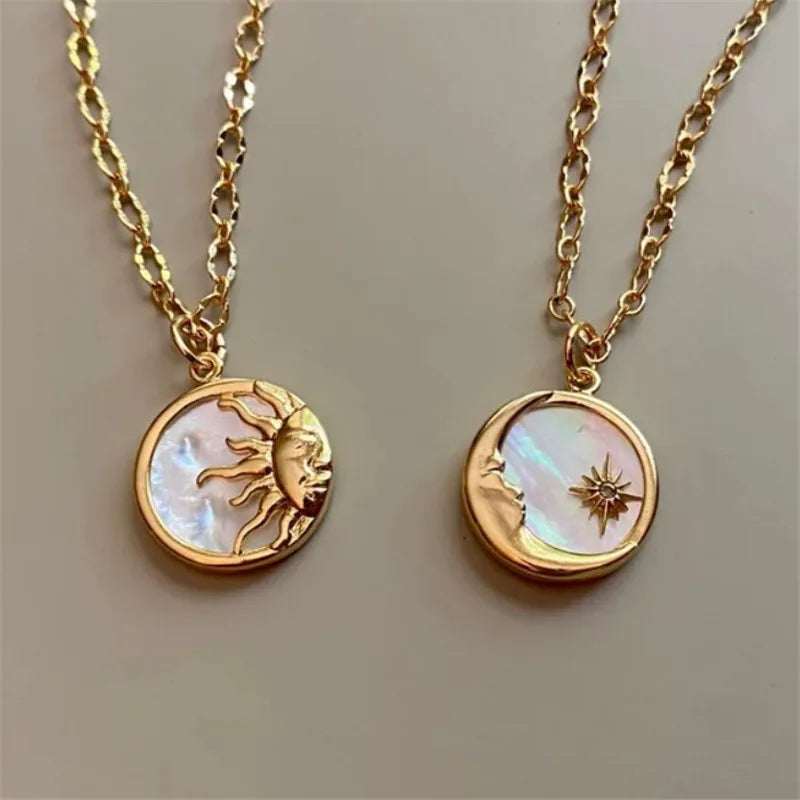 Copper 14K Gold Plated Fashion Sun Moon Pendant Necklace