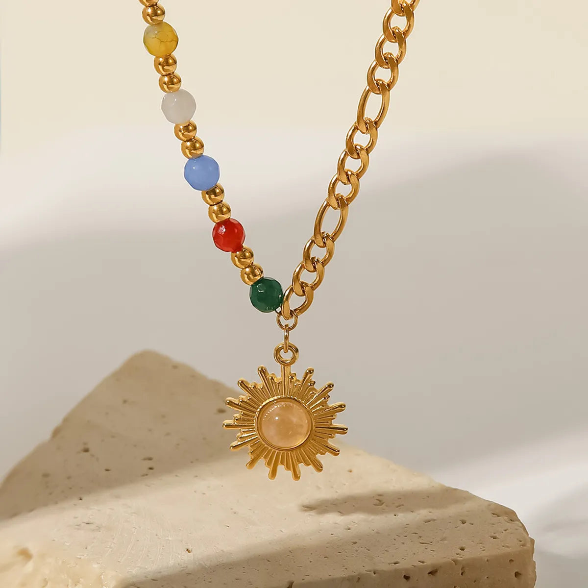 Fashion Sun Stainless Steel Pendant Necklace Gold Plated Inlay Opal Stainless Steel Necklaces