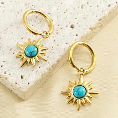 Fashion Sun Stainless Steel Plating Inlay Turquoise Drop Earrings 1 Pair