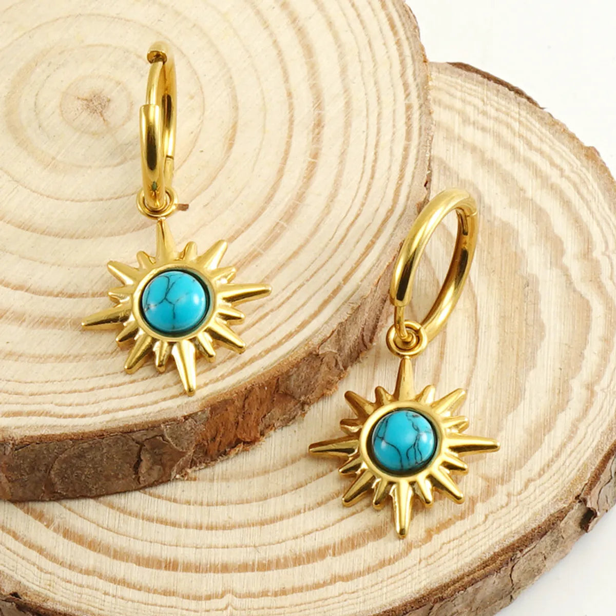 Fashion Sun Stainless Steel Plating Inlay Turquoise Drop Earrings 1 Pair