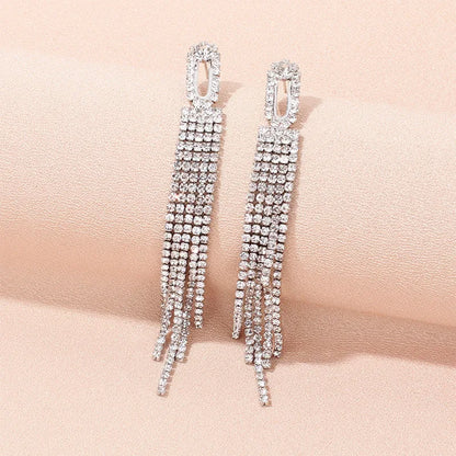 Fashion Tassel Alloy Metal Inlay Rhinestone Drop Earrings