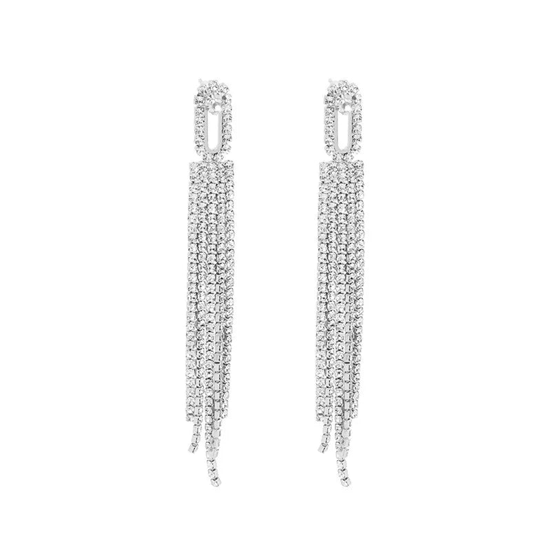 Fashion Tassel Alloy Metal Inlay Rhinestone Drop Earrings