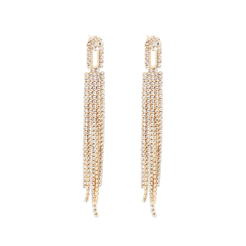 Fashion Tassel Alloy Metal Inlay Rhinestone Drop Earrings