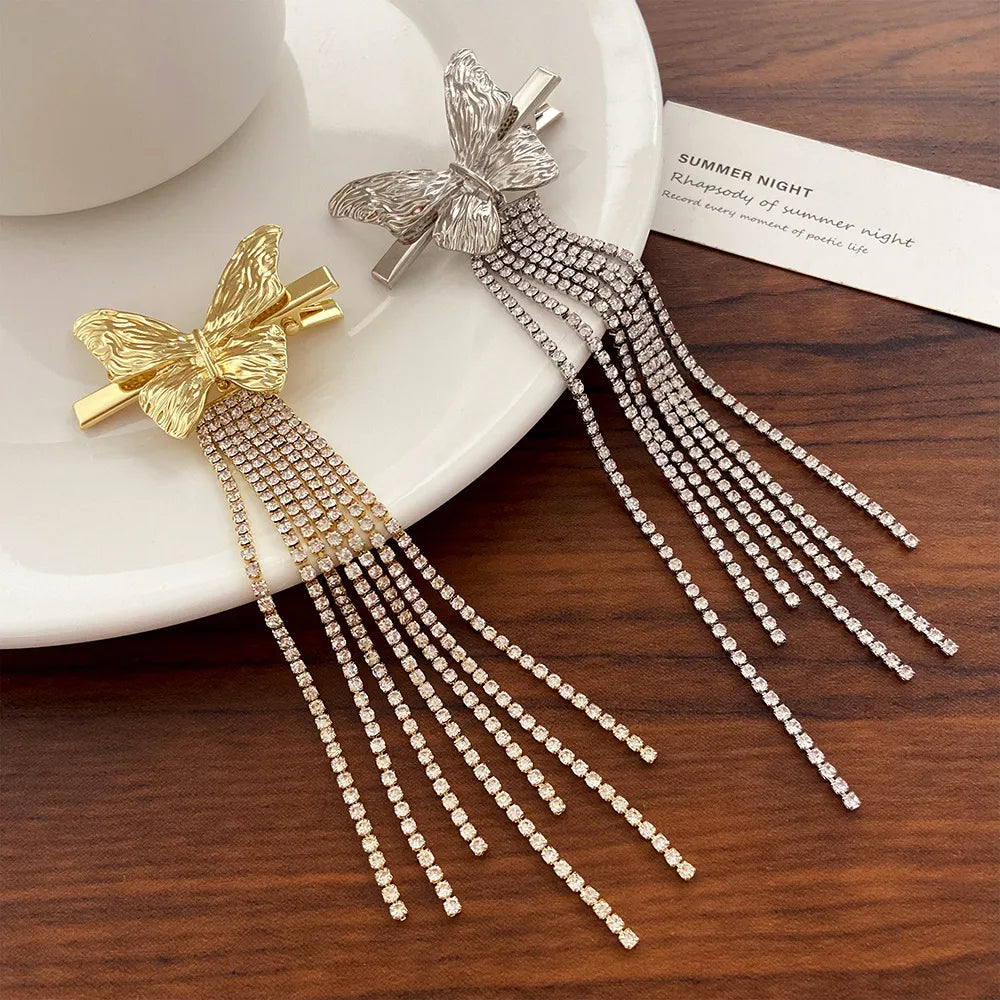 Fashion Tassel Bow Knot Alloy Rhinestone Hair Clip