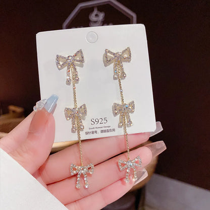 Fashion Tassel Heart Shape Bow Knot Imitation Pearl Copper Inlay Rhinestones Drop Earrings 1 Pair