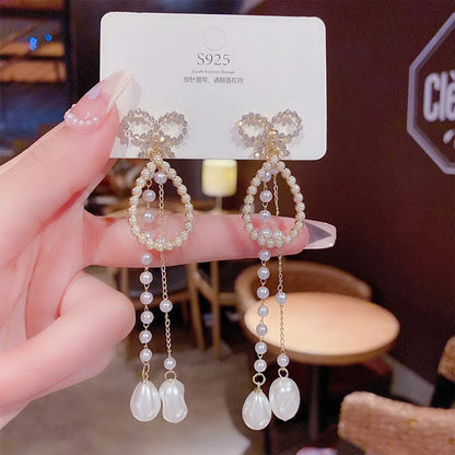 Fashion Tassel Heart Shape Bow Knot Imitation Pearl Copper Inlay Rhinestones Drop Earrings 1 Pair