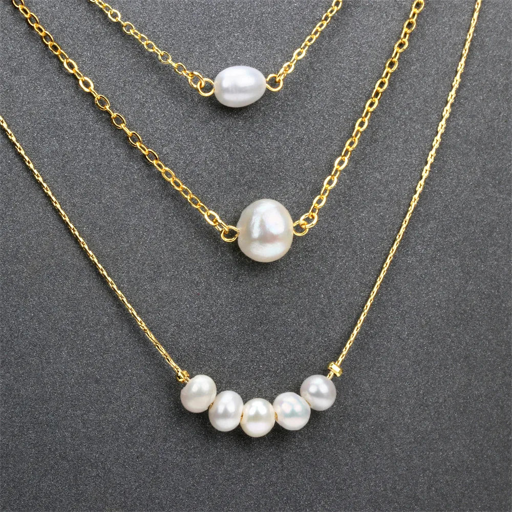 Fashion Three-Layer Pearl Sweater Chain Gold Plated Necklace Wholesale