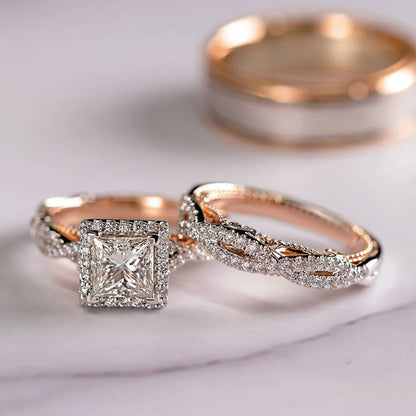 Fashion Three-piece Ring Rose Gold Sparkling Zircon Copper Ring Luxury Engagement Ring