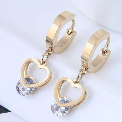 Fashion Titanium Steel Peach Heart Zircon Earrings