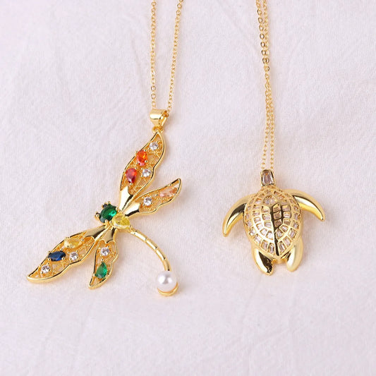 Fashion Tortoise Dragonfly Copper 18k Gold Plated Zircon Pendant Necklace In Bulk