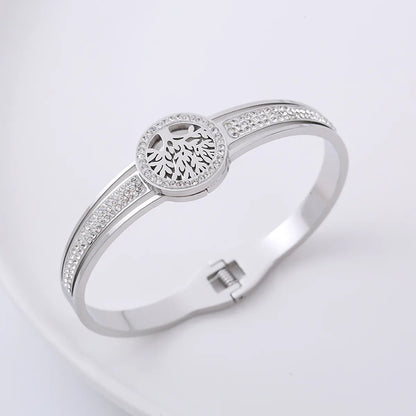 Fashion Tree Stainless Steel Hollow Out Rhinestones Bangle