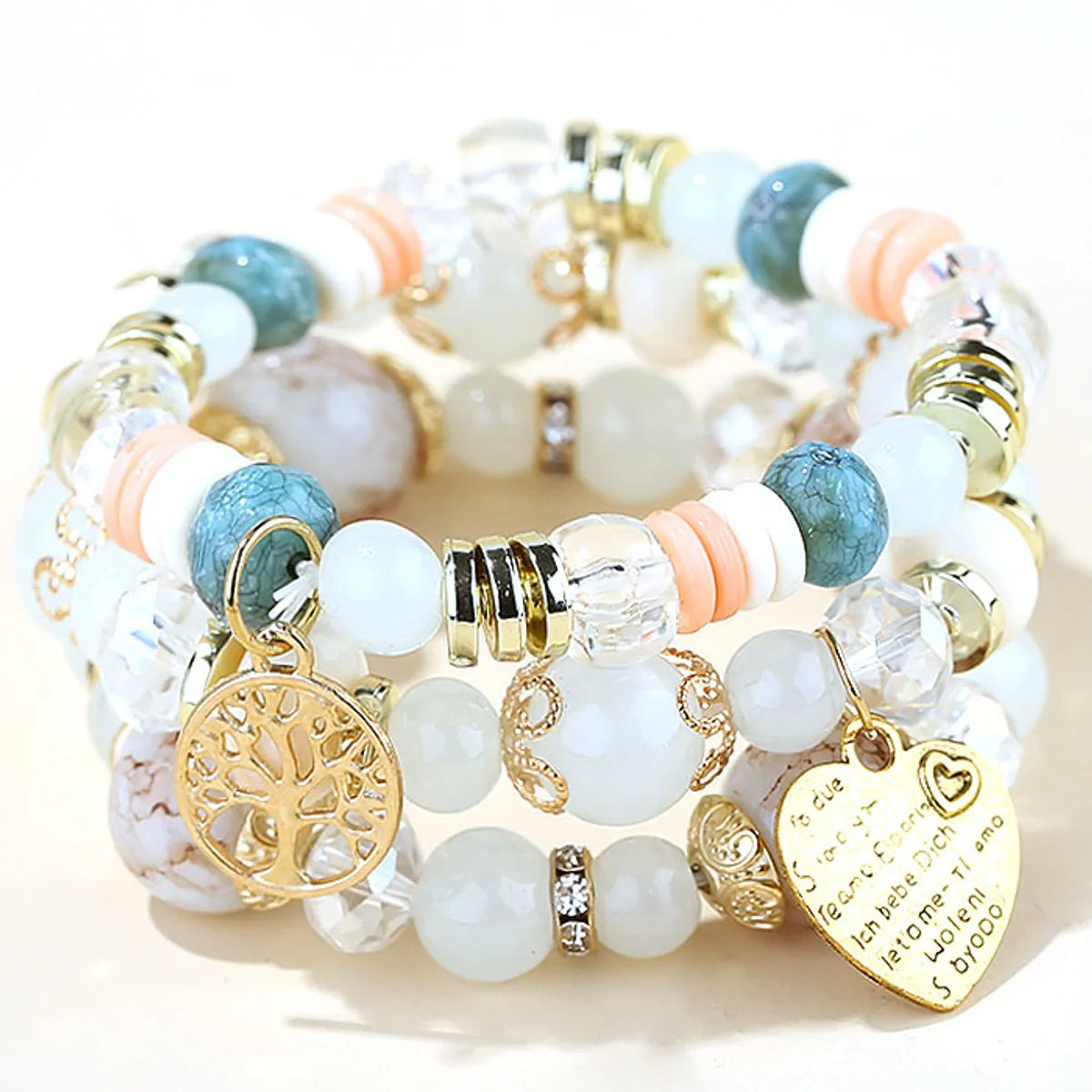 Fashion Trend Concise  Versatile Metal Peach Heart Pendant Candy Beads Multilayer Alloy Bracelet