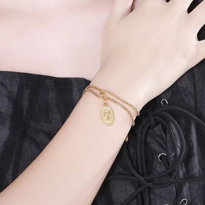 Fashion Trend Double Pearl Chain Oval Goddess Pendant Bracelet