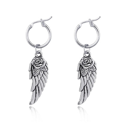 European And American Fashion Punk Hoop Earrings Retro Rose Wings Large Pendant Earclip Earrings Female Cross-border Hot Selling