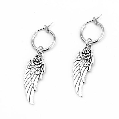 European And American Fashion Punk Hoop Earrings Retro Rose Wings Large Pendant Earclip Earrings Female Cross-border Hot Selling