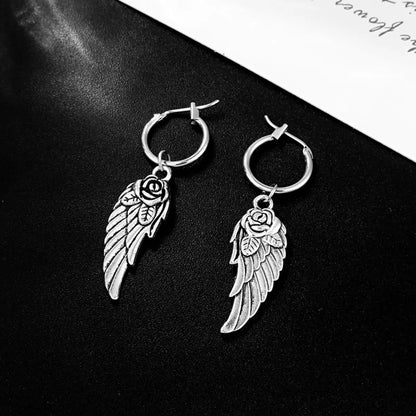 European And American Fashion Punk Hoop Earrings Retro Rose Wings Large Pendant Earclip Earrings Female Cross-border Hot Selling