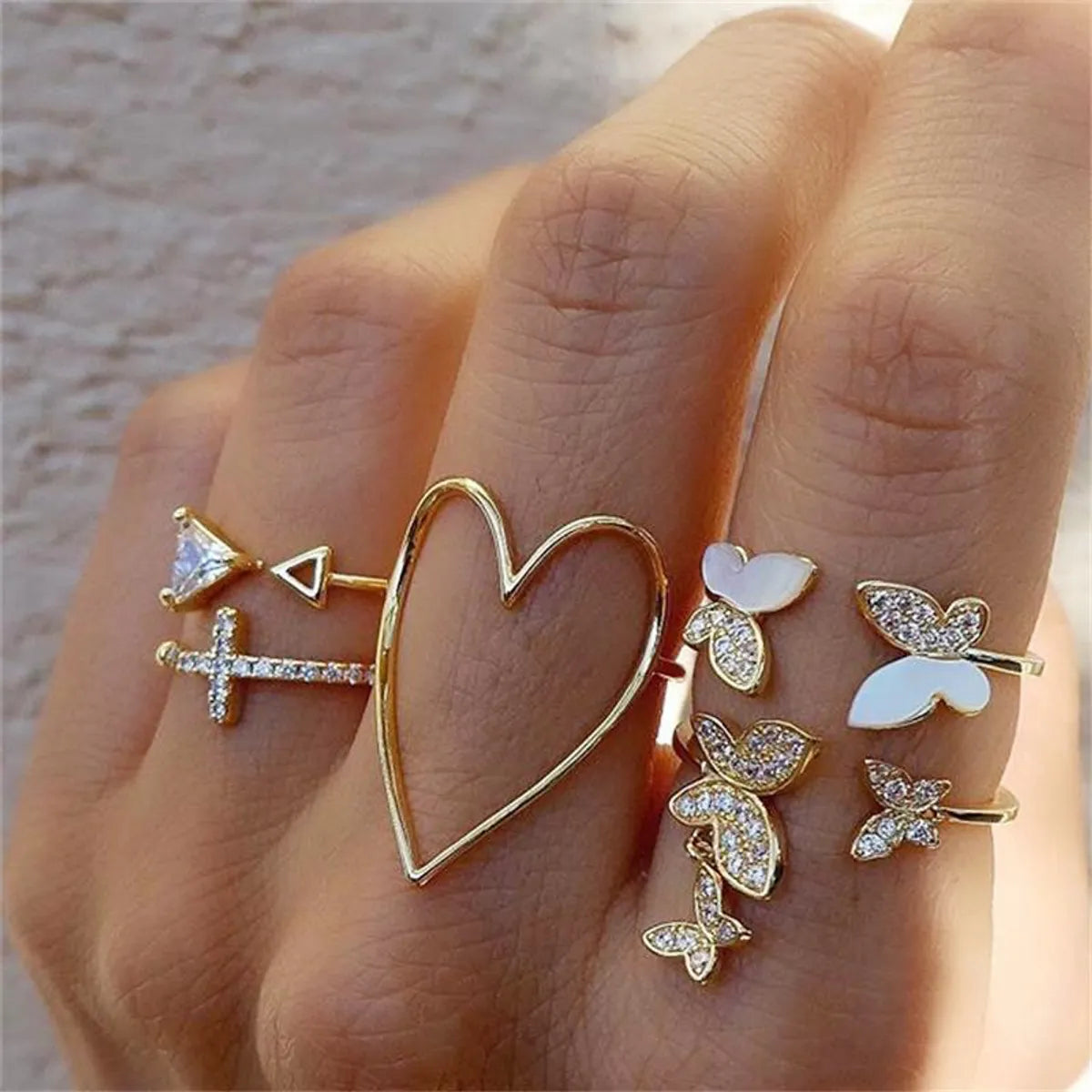 Fashion Triangle Love Heart Full Diamond Butterfly Ring 5-piece Set Creative Retro Female Ring