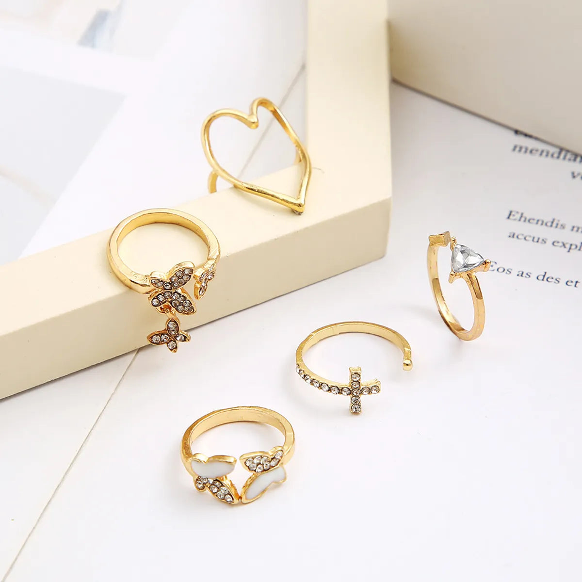 Fashion Triangle Love Heart Full Diamond Butterfly Ring 5-piece Set Creative Retro Female Ring