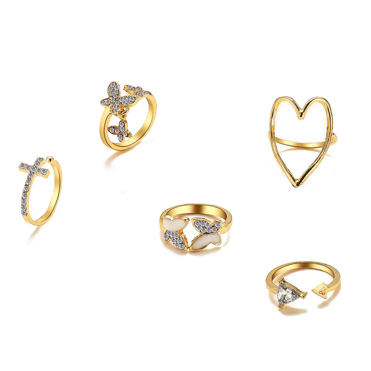 Fashion Triangle Love Heart Full Diamond Butterfly Ring 5-piece Set Creative Retro Female Ring