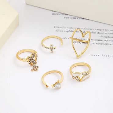 Fashion Triangle Love Heart Full Diamond Butterfly Ring 5-piece Set Creative Retro Female Ring