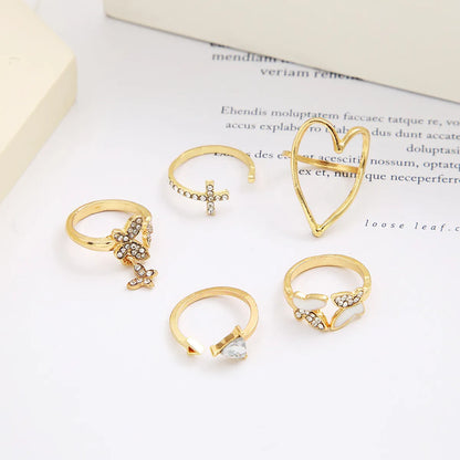 Fashion Triangle Love Heart Full Diamond Butterfly Ring 5-piece Set Creative Retro Female Ring