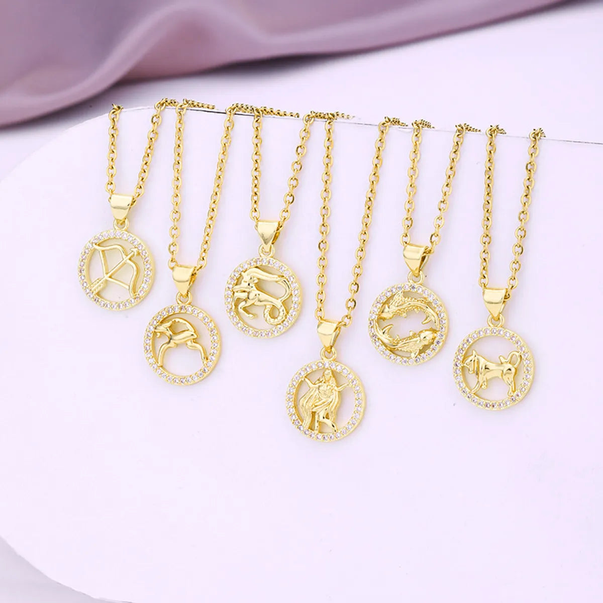 Fashion Twelve Constellation Copper Inlaid Zircon Gold Plated Stainless Steel Pendant Necklace