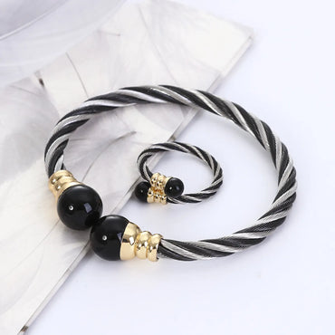 Wholesale Fashion Twist Stainless Steel Braid Artificial Pearls Rings Bracelets