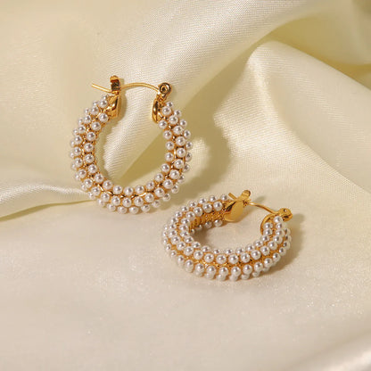 Fashion U Shape Stainless Steel Inlay Pearl Hoop Earrings 1 Pair