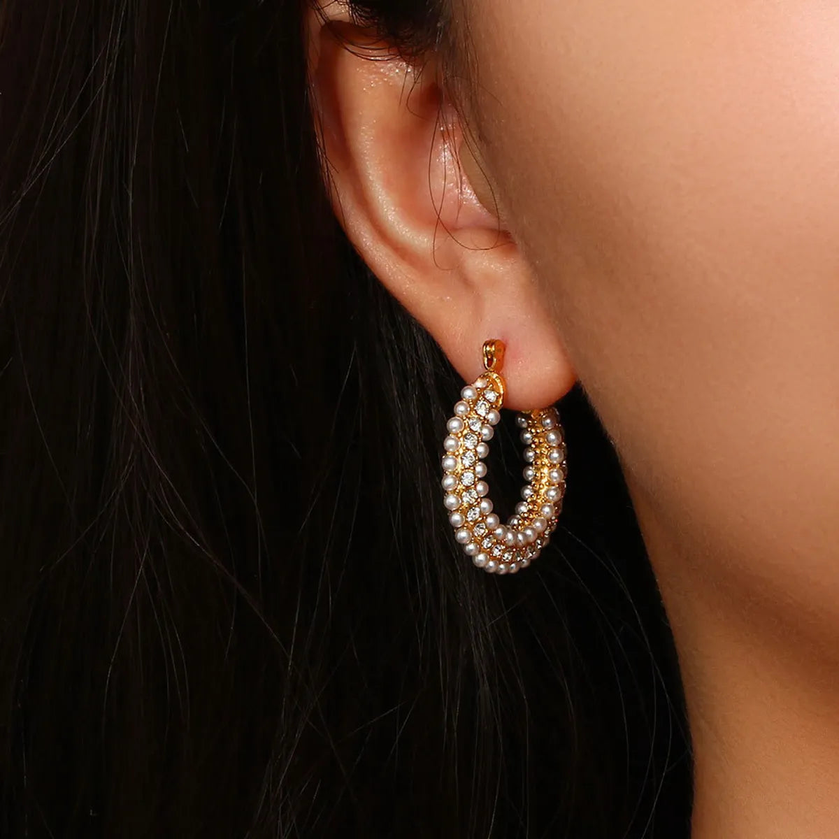 1 Pair Fashion U Shape Plating Inlay Stainless Steel Pearl Zircon Gold Plated Hoop Earrings