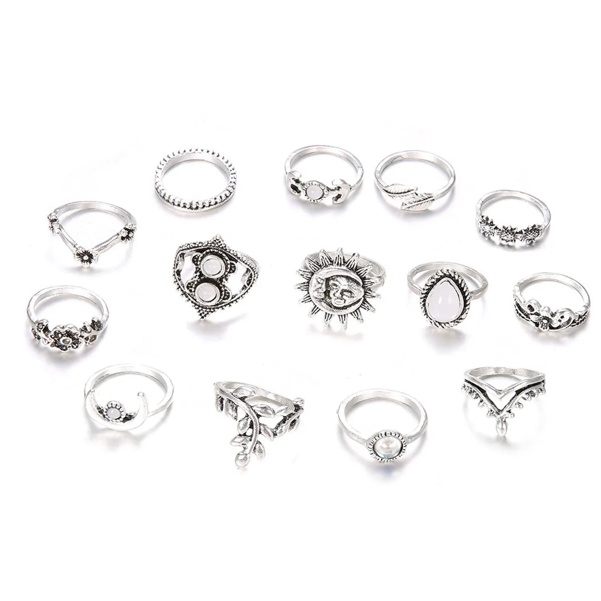 Fashion Water Drop Flowers Sunflower Moon Sun 14-Piece Set Ring