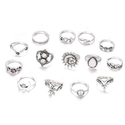 Fashion Water Drop Flowers Sunflower Moon Sun 14-Piece Set Ring