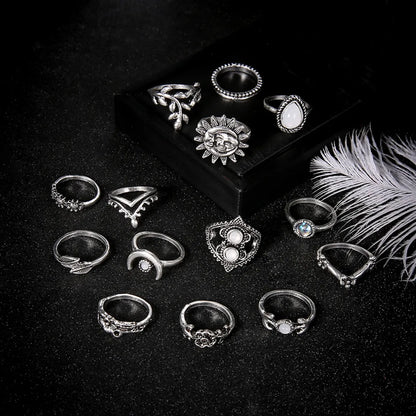 Fashion Water Drop Flowers Sunflower Moon Sun 14-Piece Set Ring