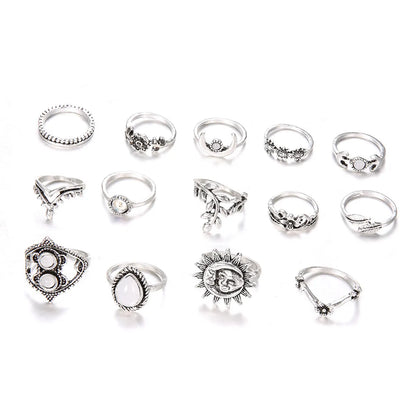 Fashion Water Drop Flowers Sunflower Moon Sun 14-Piece Set Ring