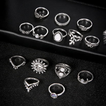 Fashion Water Drop Flowers Sunflower Moon Sun 14-Piece Set Ring