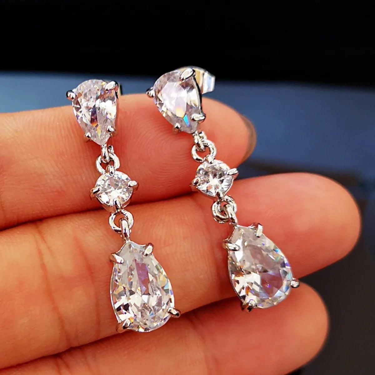 Fashion Water Drop Large Zircon Copper Earrings Wholesale