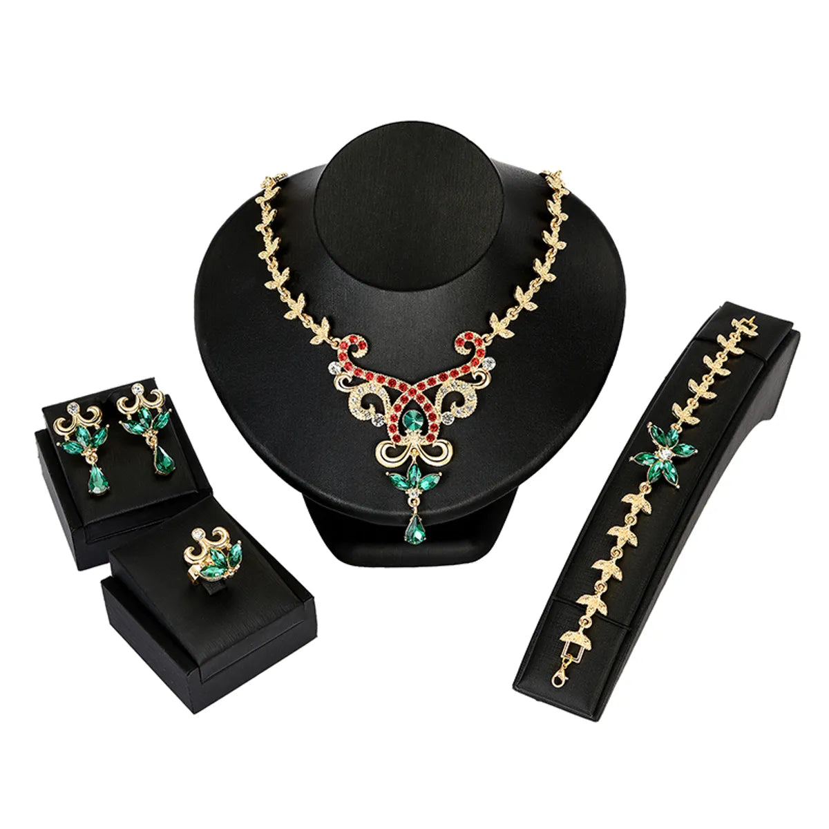 Fashion Water Droplets Alloy Inlay Artificial Diamond Women'S Earrings Necklace Jewelry Set 5 Piece Set