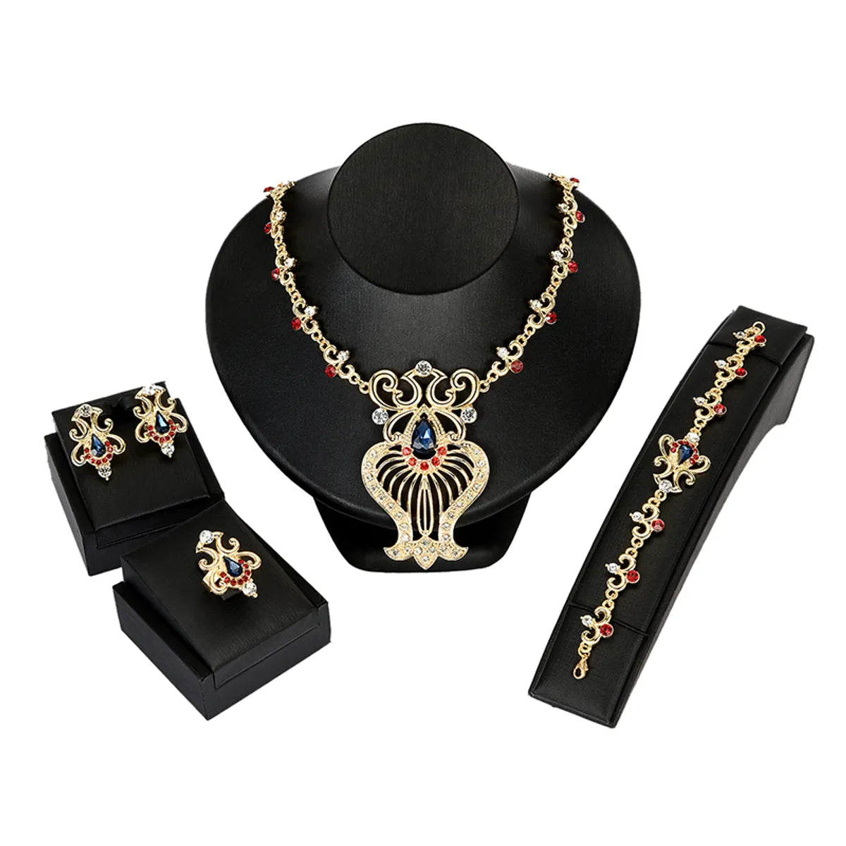 Fashion Water Droplets Alloy Inlay Artificial Diamond Women'S Earrings Necklace Jewelry Set 5 Piece Set