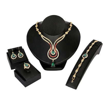 Fashion Water Droplets Alloy Inlay Artificial Diamond Women'S Earrings Necklace Jewelry Set 5 Piece Set