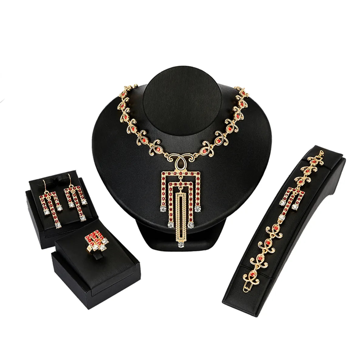 Fashion Water Droplets Alloy Inlay Artificial Diamond Women'S Earrings Necklace Jewelry Set 5 Piece Set