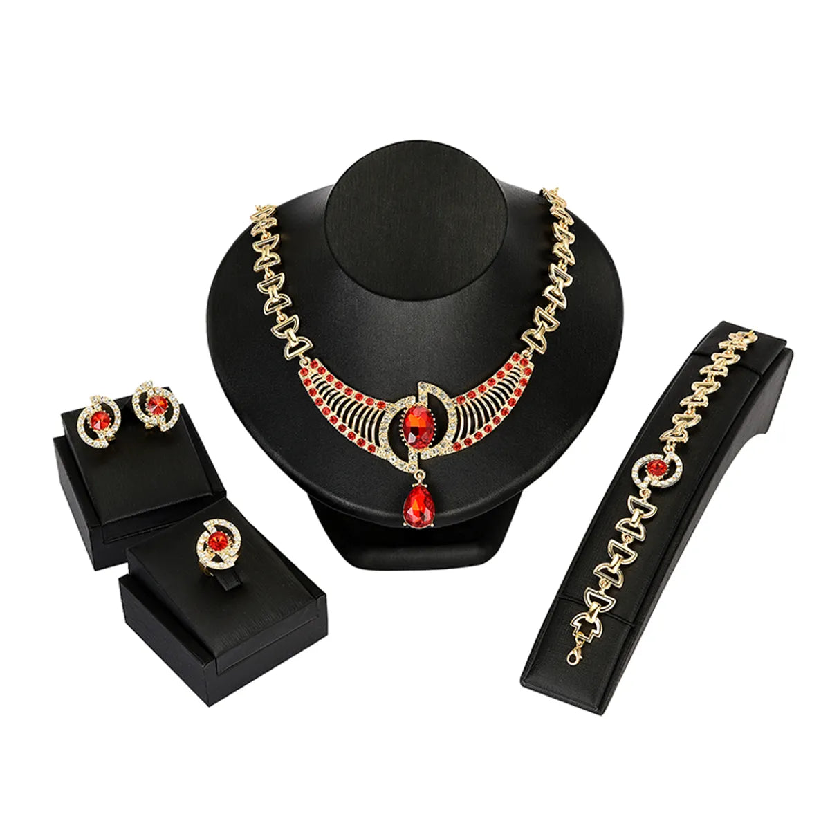 Fashion Water Droplets Alloy Inlay Artificial Diamond Women'S Earrings Necklace Jewelry Set 5 Piece Set