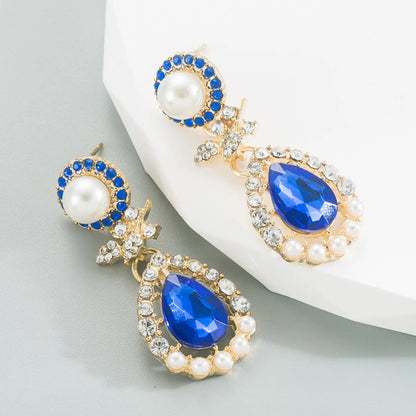 Fashion Water Droplets Alloy Inlay Rhinestone Pearl Drop Earrings